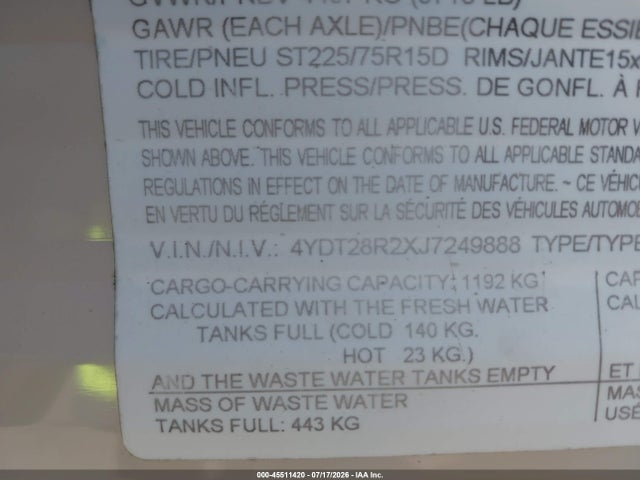 Продаж на аукціоні авто 2018 Keystone Rv Other, vin: 4YDT28R2XJ7249888, номер лоту: 45511420