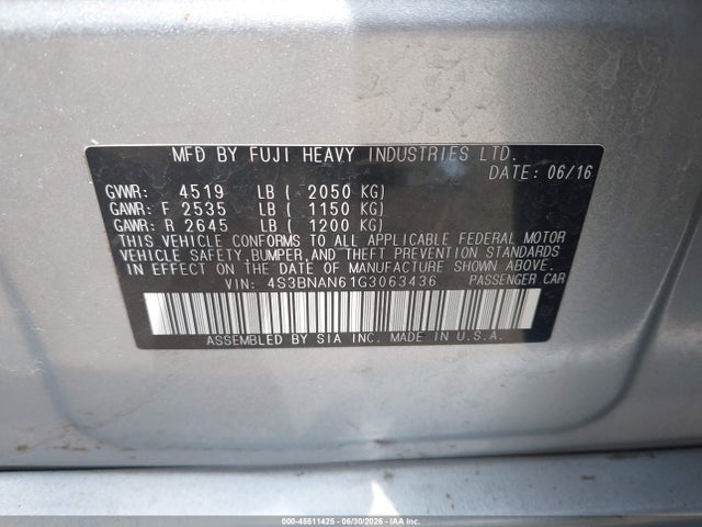 45511425 :رقم المزاد ، 4S3BNAN61G3063436 vin ، 2016 Subaru Legacy 2.5i Limited مزاد بيع
