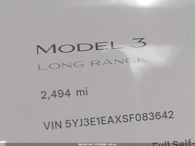 Продаж на аукціоні авто 2025 Tesla Model 3 Long Range Rear-wheel Drive/standard Rear-wheel Drive, vin: 5YJ3E1EAXSF083642, номер лоту: 45511441