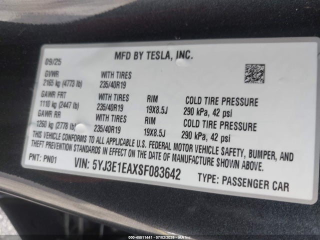 Продаж на аукціоні авто 2025 Tesla Model 3 Long Range Rear-wheel Drive/standard Rear-wheel Drive, vin: 5YJ3E1EAXSF083642, номер лоту: 45511441