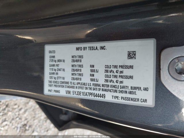 2023 Tesla Model 3 Rear-wheel Drive მანქანა იყიდება აუქციონზე, vin: 5YJ3E1EA7PF644449, აუქციონის ნომერი: 45511442