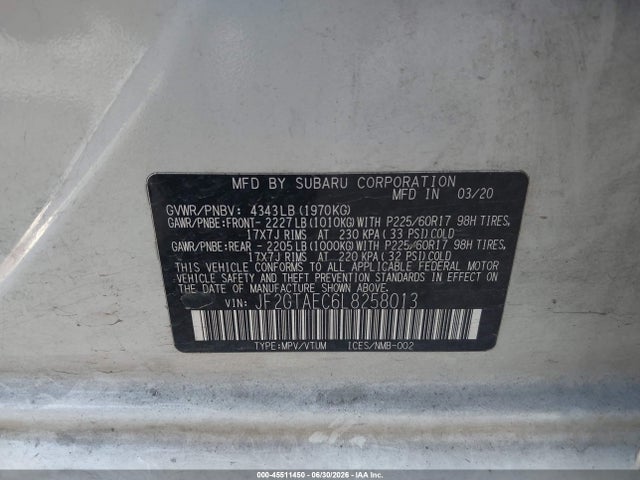 Aukcja sprzedaży 2020 Subaru Crosstrek Premium, vin: JF2GTAEC6L8258013, numer aukcji: 45511450