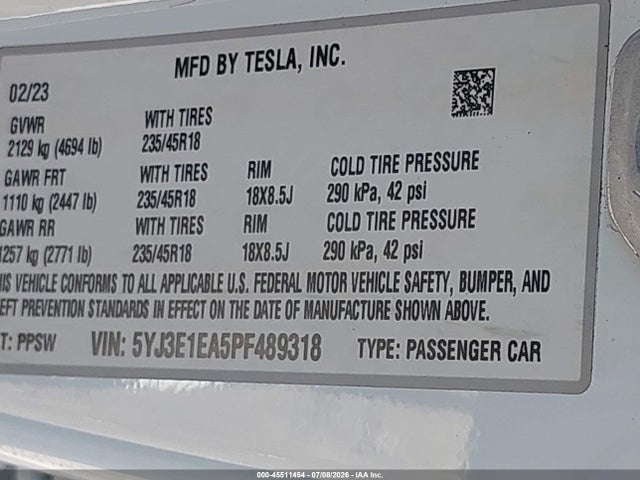 Aukcja sprzedaży 2023 Tesla Model 3 Rear-wheel Drive, vin: 5YJ3E1EA5PF489318, numer aukcji: 45511454