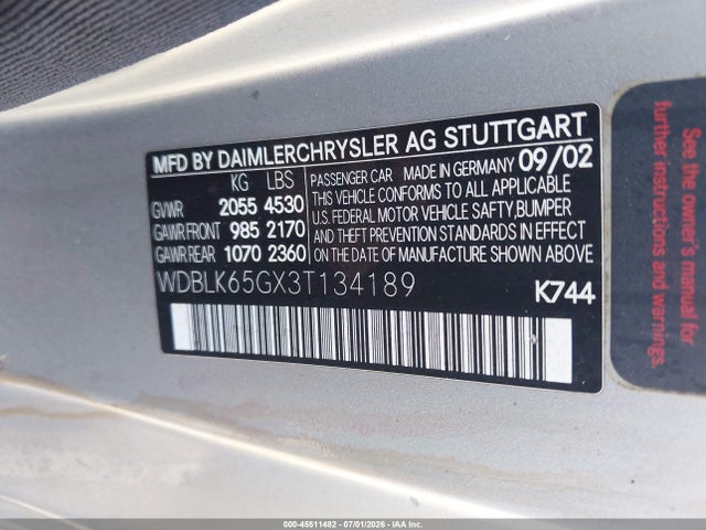 2003 Mercedes-benz Clk 320 მანქანა იყიდება აუქციონზე, vin: WDBLK65GX3T134189, აუქციონის ნომერი: 45511482