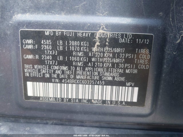 2013 Subaru Outback 2.5i Limited მანქანა იყიდება აუქციონზე, vin: 4S4BRCKC6D3257459, აუქციონის ნომერი: 45511498