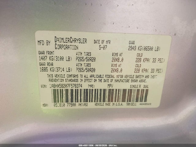 45511506 :رقم المزاد ، 1A8HX58207F578374 vin ، 2007 Chrysler Aspen Limited مزاد بيع