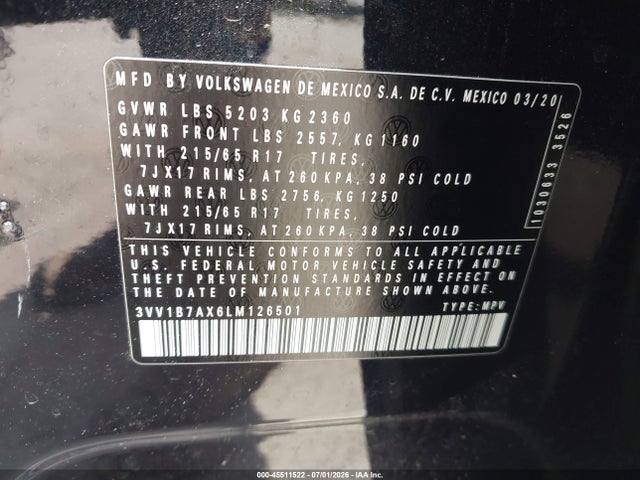 2020 Volkswagen Tiguan 2.0t S მანქანა იყიდება აუქციონზე, vin: 3VV1B7AX6LM126501, აუქციონის ნომერი: 45511522