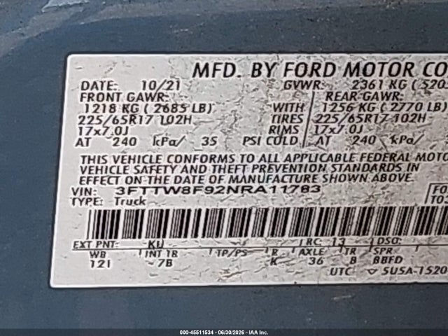 Продаж на аукціоні авто 2022 Ford Maverick Xlt, vin: 3FTTW8F92NRA11783, номер лоту: 45511534