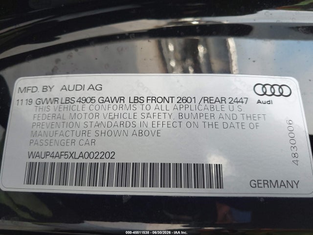 Aukcja sprzedaży 2020 Audi S5 Premium Plus Tfsi Quattro Tiptronic, vin: WAUP4AF5XLA002202, numer aukcji: 45511538