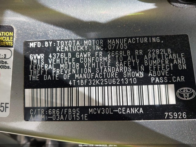 Aukcja sprzedaży 2005 Toyota Camry Le V6, vin: 4T1BF32K25U621310, numer aukcji: 45511539