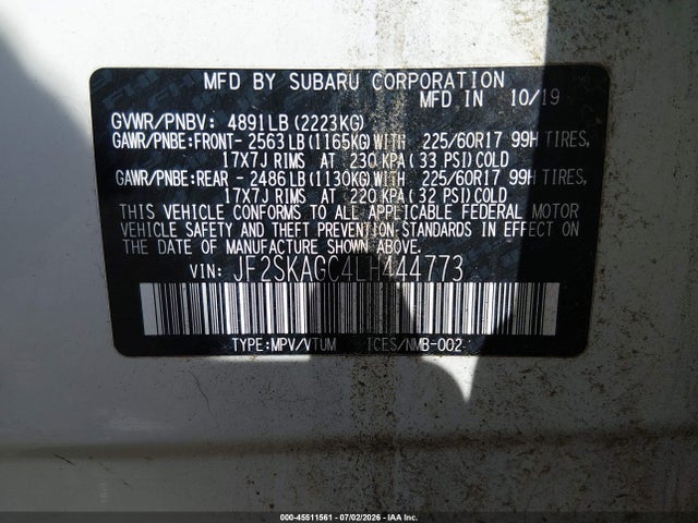 Aukcja sprzedaży 2020 Subaru Forester Premium, vin: JF2SKAGC4LH444773, numer aukcji: 45511561