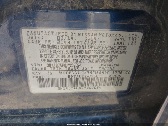Aukcja sprzedaży 2018 Nissan Sentra S, vin: 3N1AB7AP0JY267054, numer aukcji: 45511587