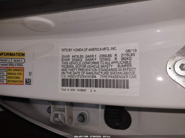 45511596 :رقم المزاد ، 1HGCV1F37KA161854 vin ، 2019 Honda Accord Sport مزاد بيع