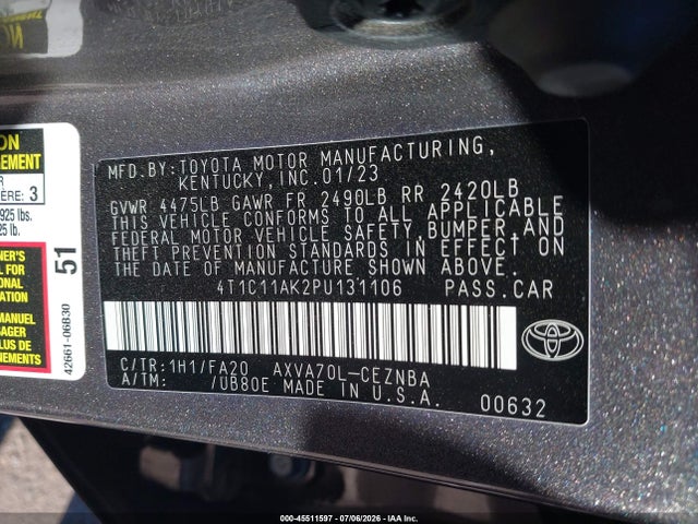 2023 Toyota Camry Le მანქანა იყიდება აუქციონზე, vin: 4T1C11AK2PU131106, აუქციონის ნომერი: 45511597