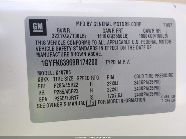 Продаж на аукціоні авто 2008 Cadillac Escalade, vin: 1GYFK63868R174200, номер лоту: 45511611