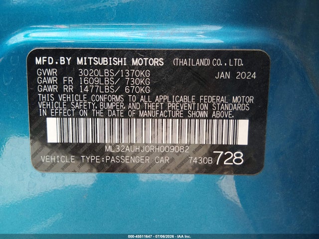 Продажа на аукционе авто 2024 Mitsubishi Mirage Es/le, vin: ML32AUHJ0RH009082, номер лота: 45511647
