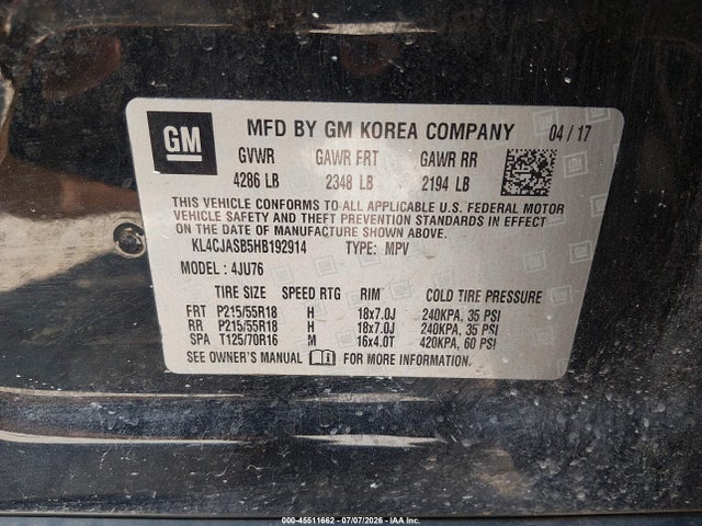 Aukcja sprzedaży 2017 Buick Encore Preferred, vin: KL4CJASB5HB192914, numer aukcji: 45511662
