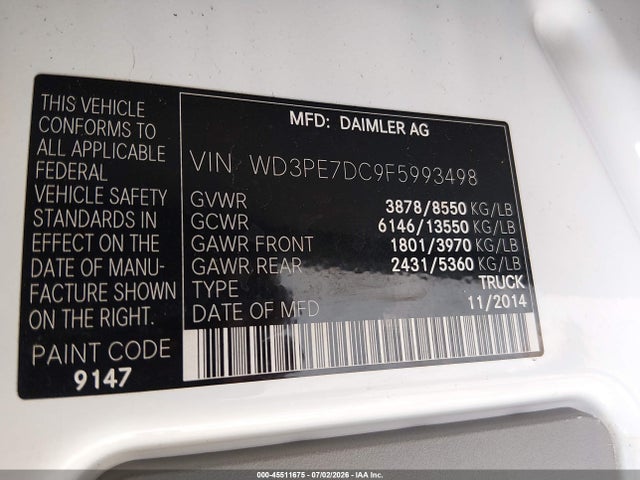 Aukcja sprzedaży 2015 Mercedes-benz Sprinter 2500 Normal Roof, vin: WD3PE7DC9F5993498, numer aukcji: 45511675