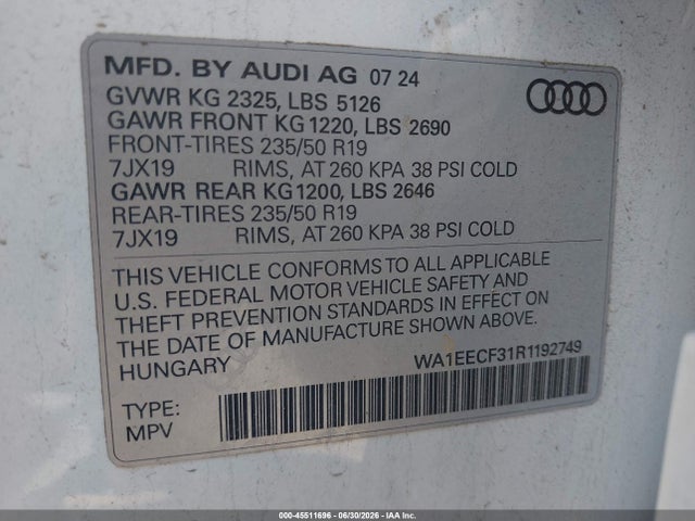 Продажа на аукционе авто 2024 Audi Q3 Premium Plus 45 Tfsi S Line Quattro Tiptronic, vin: WA1EECF31R1192749, номер лота: 45511696