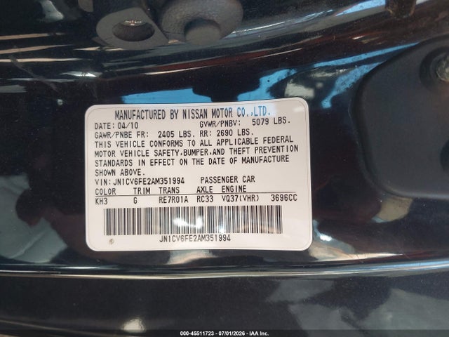 Продаж на аукціоні авто 2010 Infiniti G37, vin: JN1CV6FE2AM351994, номер лоту: 45511723