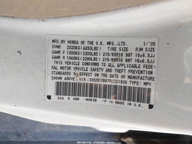 Продаж на аукціоні авто 2005 Honda Cr-v Ex, vin: SHSRD78875U321906, номер лоту: 45511742