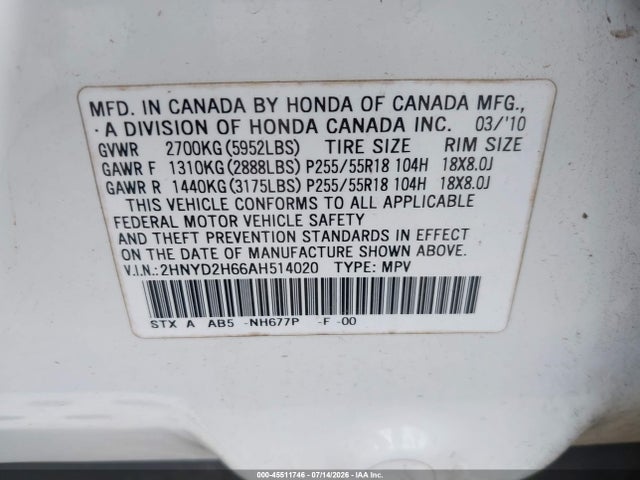 45511746 :رقم المزاد ، 2HNYD2H66AH514020 vin ، 2010 Acura Mdx Technology Package مزاد بيع