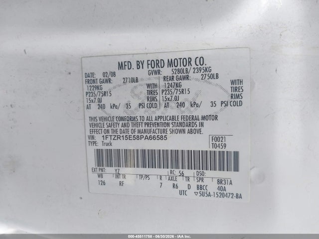 Auction sale of the 2008 Ford Ranger Fx4 Off-rd/sport/xl/xlt, vin: 1FTZR15E58PA66585, lot number: 45511758
