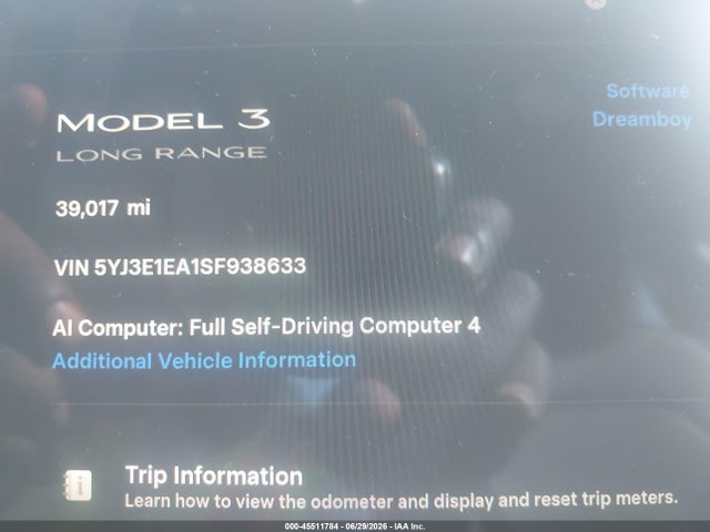 2025 Tesla Model 3 Long Range Rear-wheel Drive/standard Rear-wheel Drive მანქანა იყიდება აუქციონზე, vin: 5YJ3E1EA1SF938633, აუქციონის ნომერი: 45511784