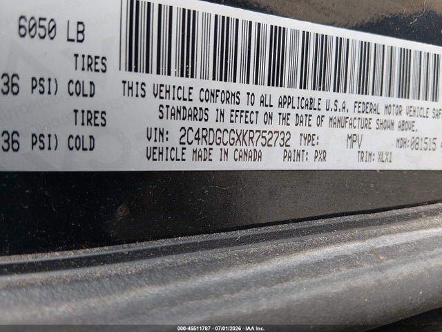 45511787 :رقم المزاد ، 2C4RDGCGXKR752732 vin ، 2019 Dodge Grand Caravan Sxt مزاد بيع