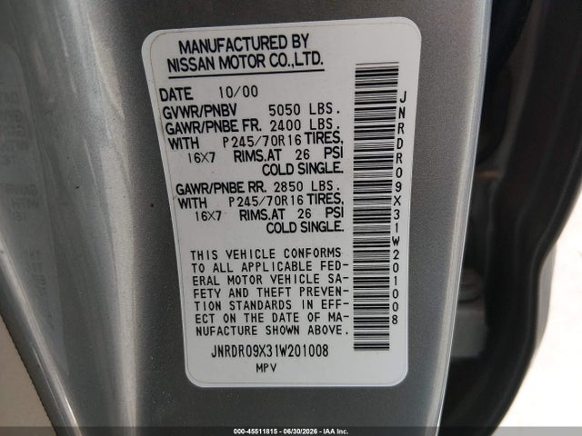45511815 :رقم المزاد ، JNRDR09X31W201008 vin ، 2001 Infiniti Qx4 Luxury مزاد بيع