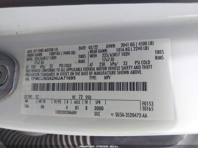 45511828 :رقم المزاد ، 1FMCU9G62NUA71695 vin ، 2022 Ford Escape Se مزاد بيع