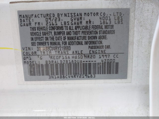 Auction sale of the 2024 Nissan Sentra Sv Xtronic Cvt, vin: 3N1AB8CV4RY219683, lot number: 45511839