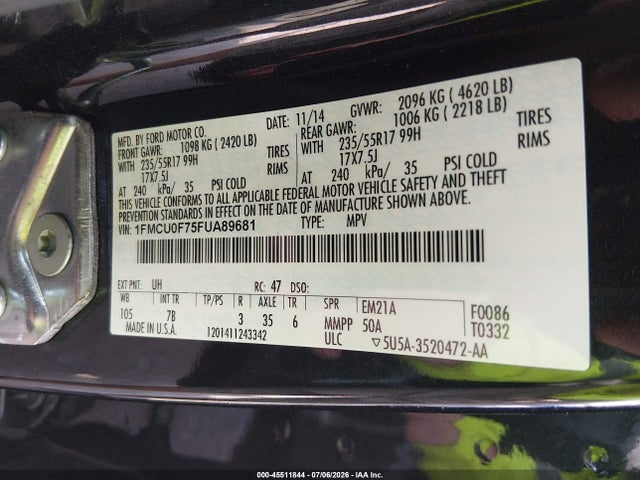 Auction sale of the 2015 Ford Escape S, vin: 1FMCU0F75FUA89681, lot number: 45511844