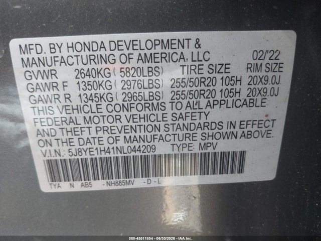 45511854 :رقم المزاد ، 5J8YE1H41NL044209 vin ، 2022 Acura Mdx Technology Package مزاد بيع