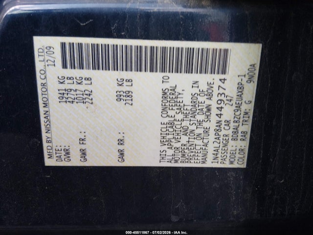 Auction sale of the 2010 Nissan Altima 2.5 S, vin: 1N4AL2AP8AN449374, lot number: 45511867