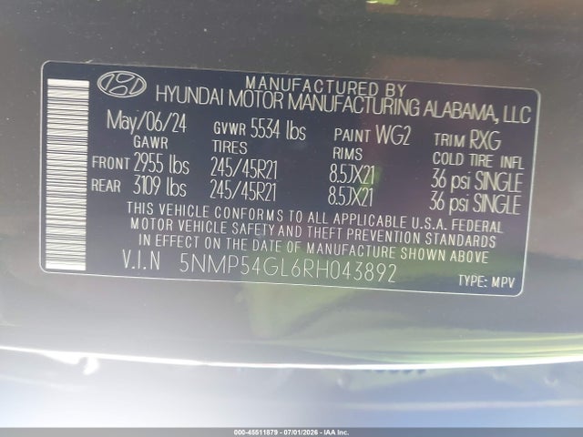 Продажа на аукционе авто 2024 Hyundai Santa Fe Calligraphy, vin: 5NMP54GL6RH043892, номер лота: 45511879