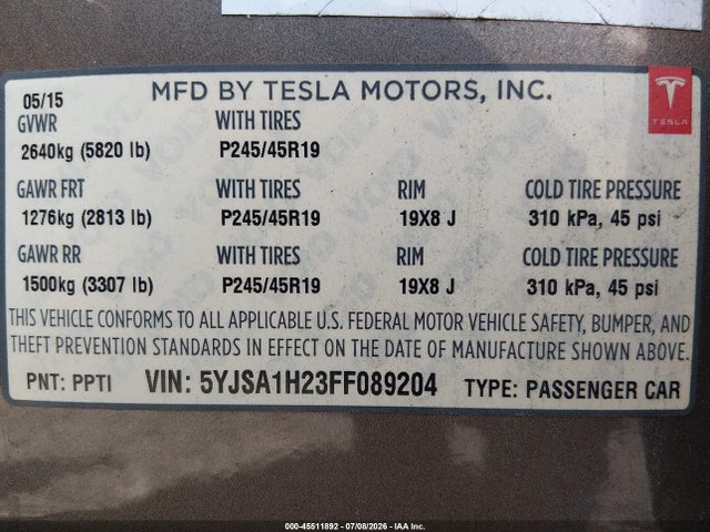 Tesla Model S 70d/85d/p85d 2015 5YJSA1H23FF089204 Image 9