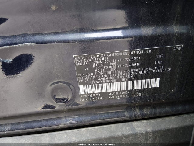 45511903 :رقم المزاد ، 4T3EWRFV9LU002406 vin ، 2020 Toyota Rav4 Hybrid Xse مزاد بيع