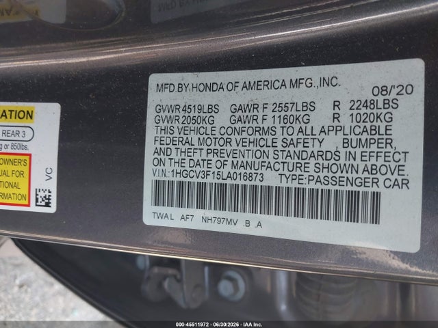 Продажа на аукционе авто 2020 Honda Accord Hybrid, vin: 1HGCV3F15LA016873, номер лота: 45511972