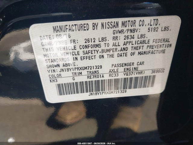 Aukcja sprzedaży 2016 Infiniti Q70l 3.7x, vin: JN1BY1PRXGM721329, numer aukcji: 45511987