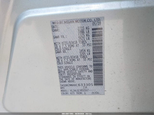 45511993 :رقم المزاد ، 5N1DR2MNXKC633305 vin ، 2019 Nissan Pathfinder Sl مزاد بيع