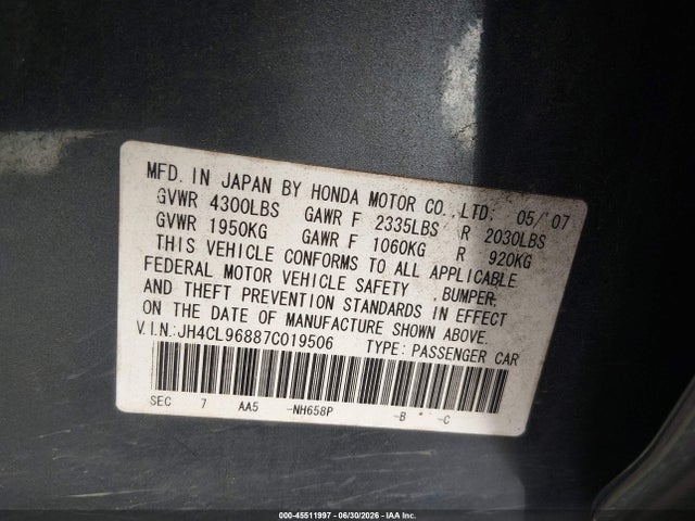 45511997 :رقم المزاد ، JH4CL96887C019506 vin ، 2007 Acura Tsx مزاد بيع