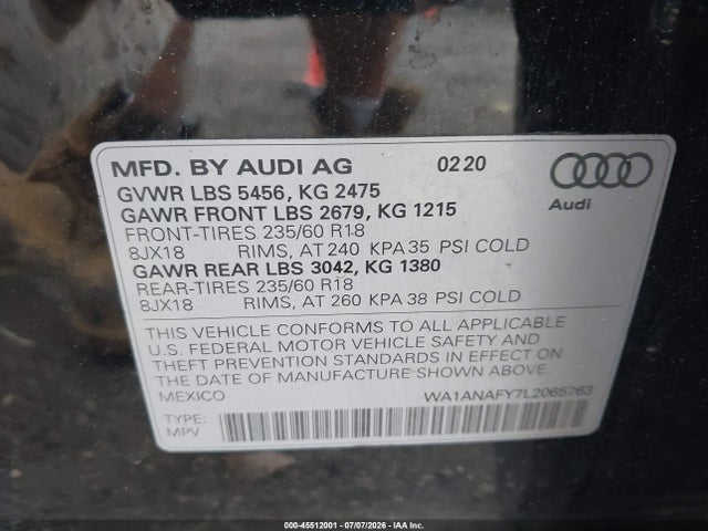 Aukcja sprzedaży 2020 Audi Q5 Premium 45 Tfsi Quattro S Tronic/titanium Premium 45 Tfsi Quattro S Tronic, vin: WA1ANAFY7L2065763, numer aukcji: 45512001