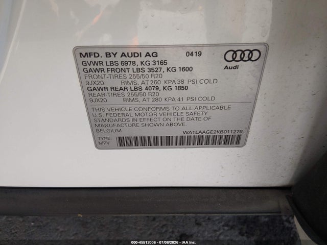 Продажа на аукционе авто 2019 Audi E-tron Premium Plus, vin: WA1LAAGE2KB011276, номер лота: 45512006