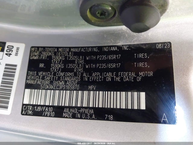 Aukcja sprzedaży 2023 Toyota Sienna Le, vin: 5TDKRKEC3PS165870, numer aukcji: 45512017