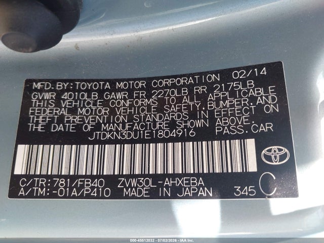 2014 Toyota Prius მანქანა იყიდება აუქციონზე, vin: JTDKN3DU1E1804916, აუქციონის ნომერი: 45512032