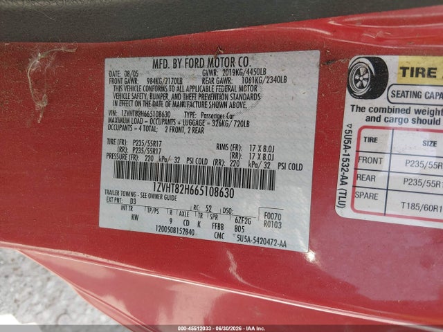 Auction sale of the 2006 Ford Mustang Gt, vin: 1ZVHT82H665108630, lot number: 45512033