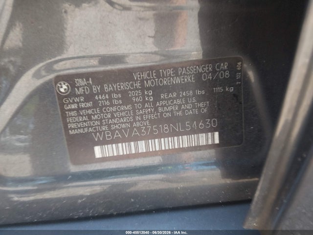 45512040 :رقم المزاد ، WBAVA37518NL54630 vin ، 2008 Bmw 328i مزاد بيع