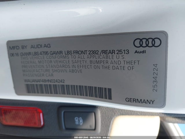 45512045 :رقم المزاد ، WAUANAF48HN024242 vin ، 2017 Audi A4 Premium مزاد بيع