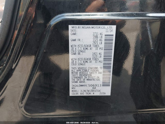 Продаж на аукціоні авто 2015 Infiniti Qx60, vin: 5N1AL0MM4FC506913, номер лоту: 45512046